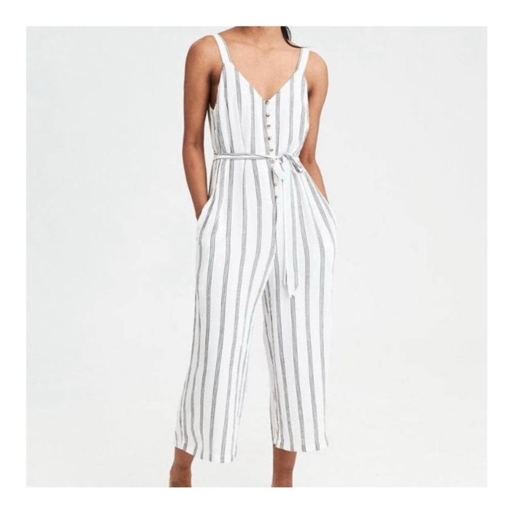 American Eagle Wide Leg Cropped Jumpsuit Large Casual Preppy Coastal Striped